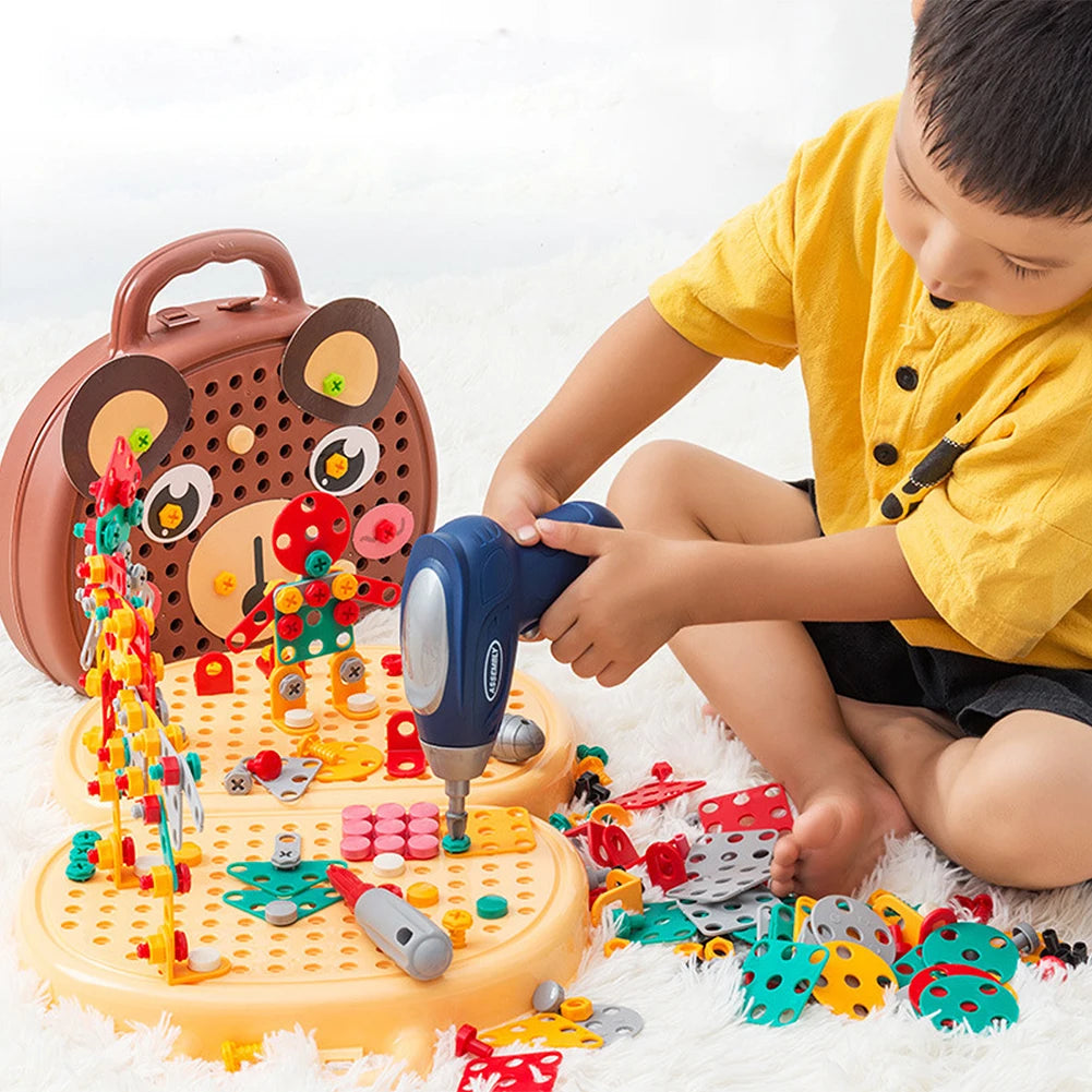 Bear design kids’ STEM drill set with colorful building pieces and case