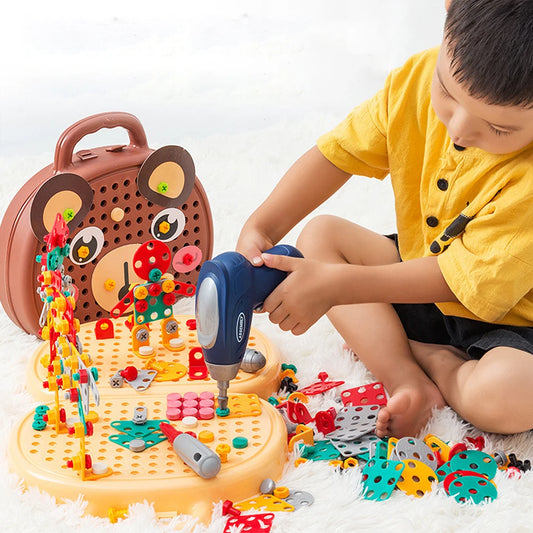 Bear design kids’ STEM drill set with colorful building pieces and case