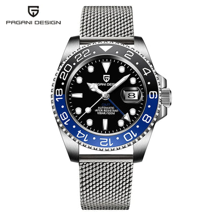 Pagani Design Pepsi GMT automatic men’s watch, red-blue bezel, black dial, Jubilee steel bracelet