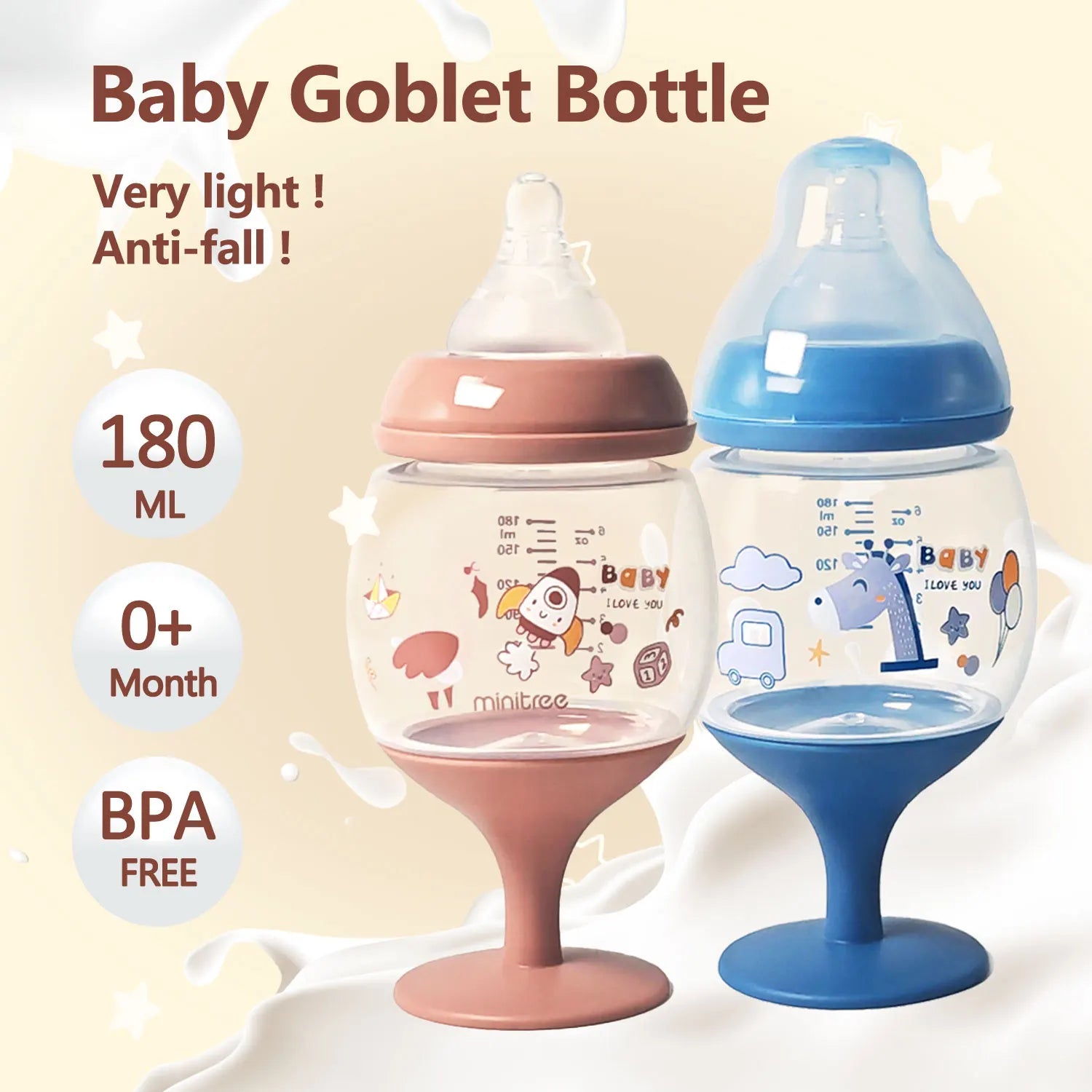 No-spill ergonomic baby cup with tall straw, easy grip, and fun cartoon design