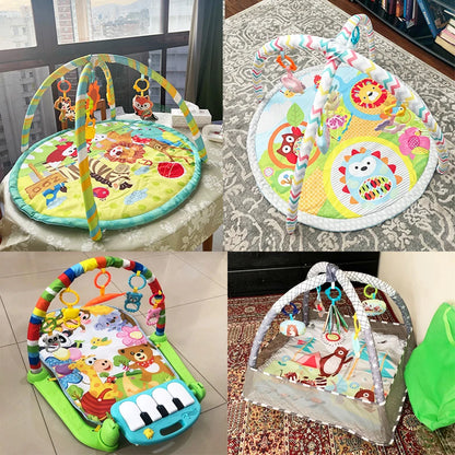 “Baby activity gym mat with hanging toys and soft play area”