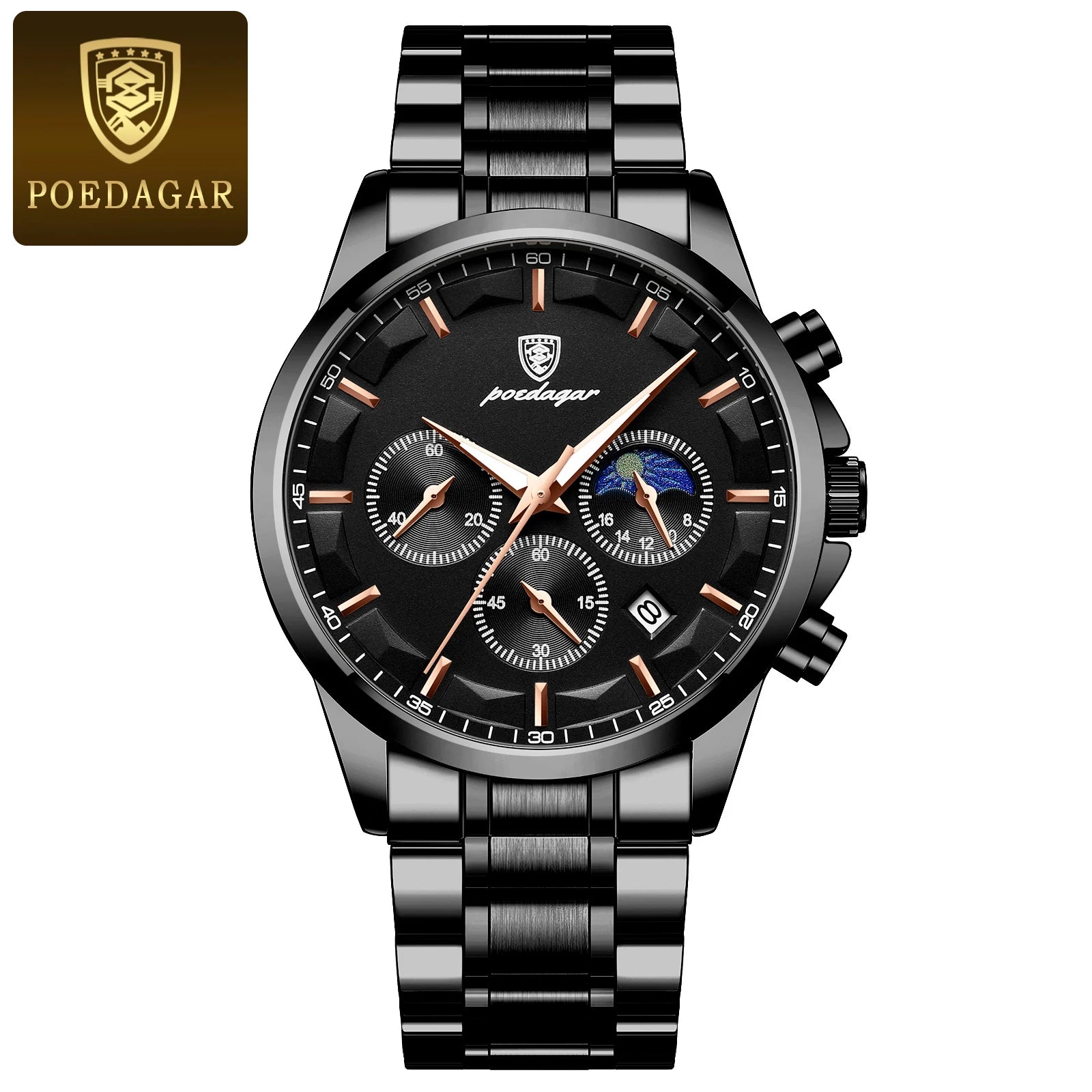 PAGANI DESIGN luxury black chronograph men’s watch with moon phase and subdials