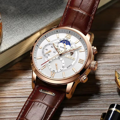 “LIGE rose gold chronograph watch, white dial, brown leather strap, moonphase subdial, formal men’s style
