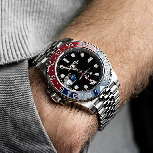 Pagani Design Pepsi GMT automatic men’s watch, red-blue bezel, black dial, Jubilee steel bracelet