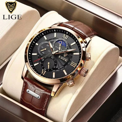 “LIGE rose gold chronograph watch, white dial, brown leather strap, moonphase subdial, formal men’s style