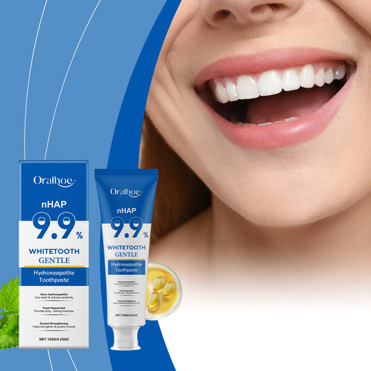 Oralhoe nHAP 9.9% hydroxyapatite toothpaste box and tube mint fresh gentle whitening