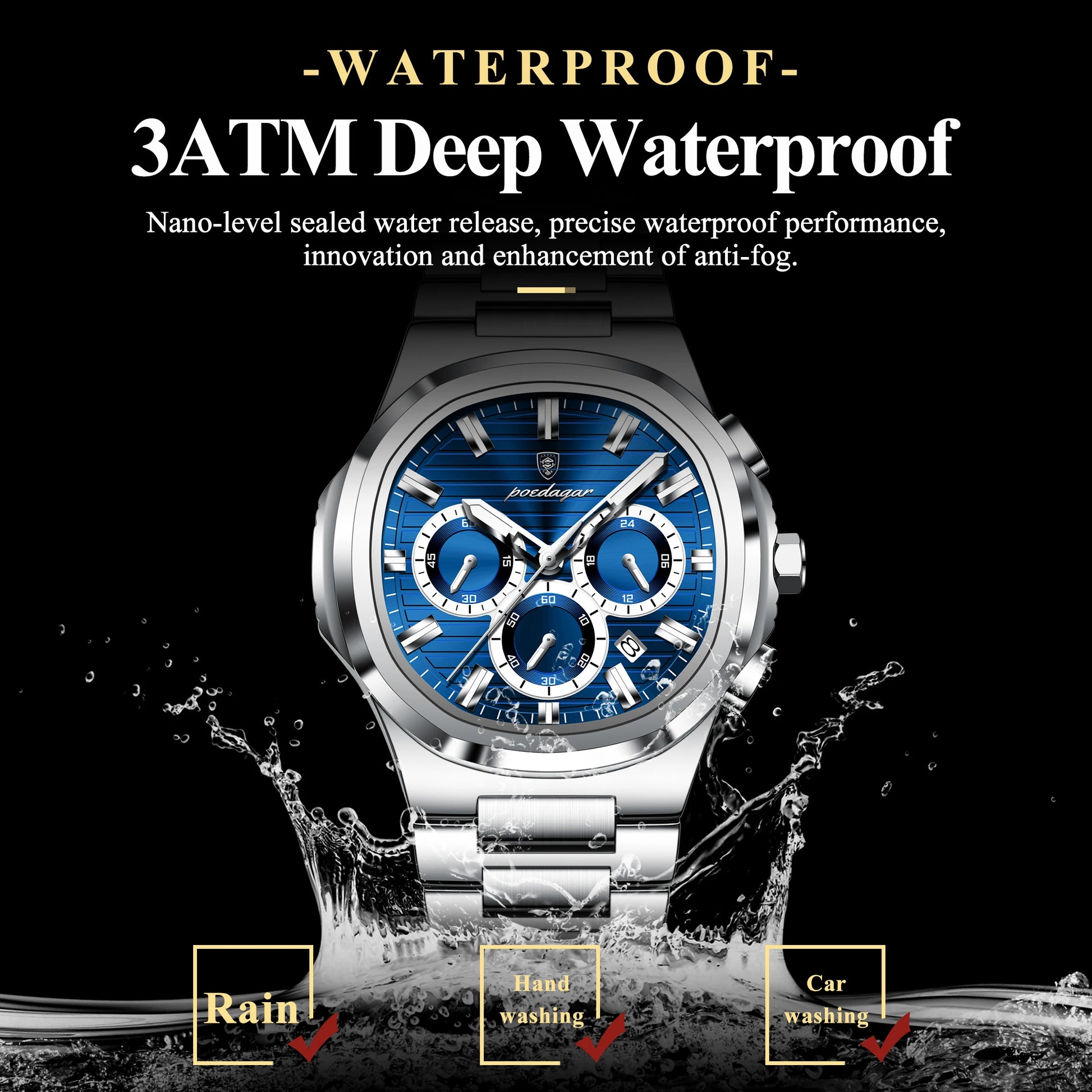 Luxury men’s blue chronograph watch with stainless steel bracelet, sporty dial, and multi-subdial features”