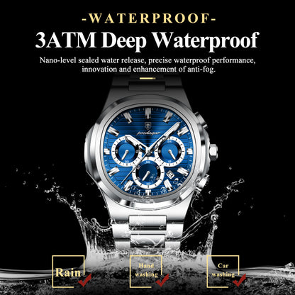 Luxury men’s blue chronograph watch with stainless steel bracelet, sporty dial, and multi-subdial features”
