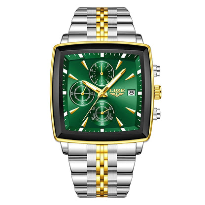 Luxury men’s square chronograph watch with black dial, gold case, and two-tone stainless steel bracelet”