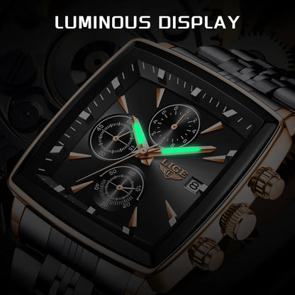 Luxury men’s square chronograph watch with black dial, gold case, and two-tone stainless steel bracelet”