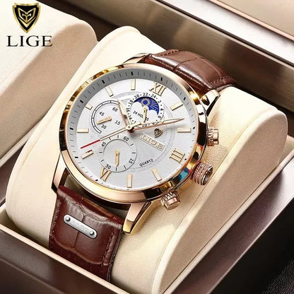 “LIGE rose gold chronograph watch, white dial, brown leather strap, moonphase subdial, formal men’s style