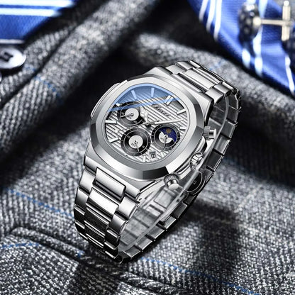 Ekonai blue chronograph watch, silver stainless steel bracelet, textured blue dial, multi-subdials