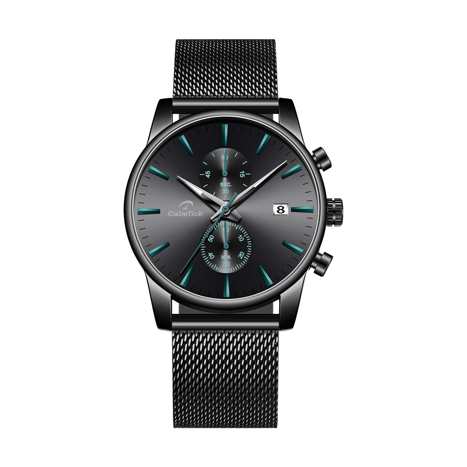 Cheetah black mesh waterproof chronograph watch with blue dial and luminous markers
