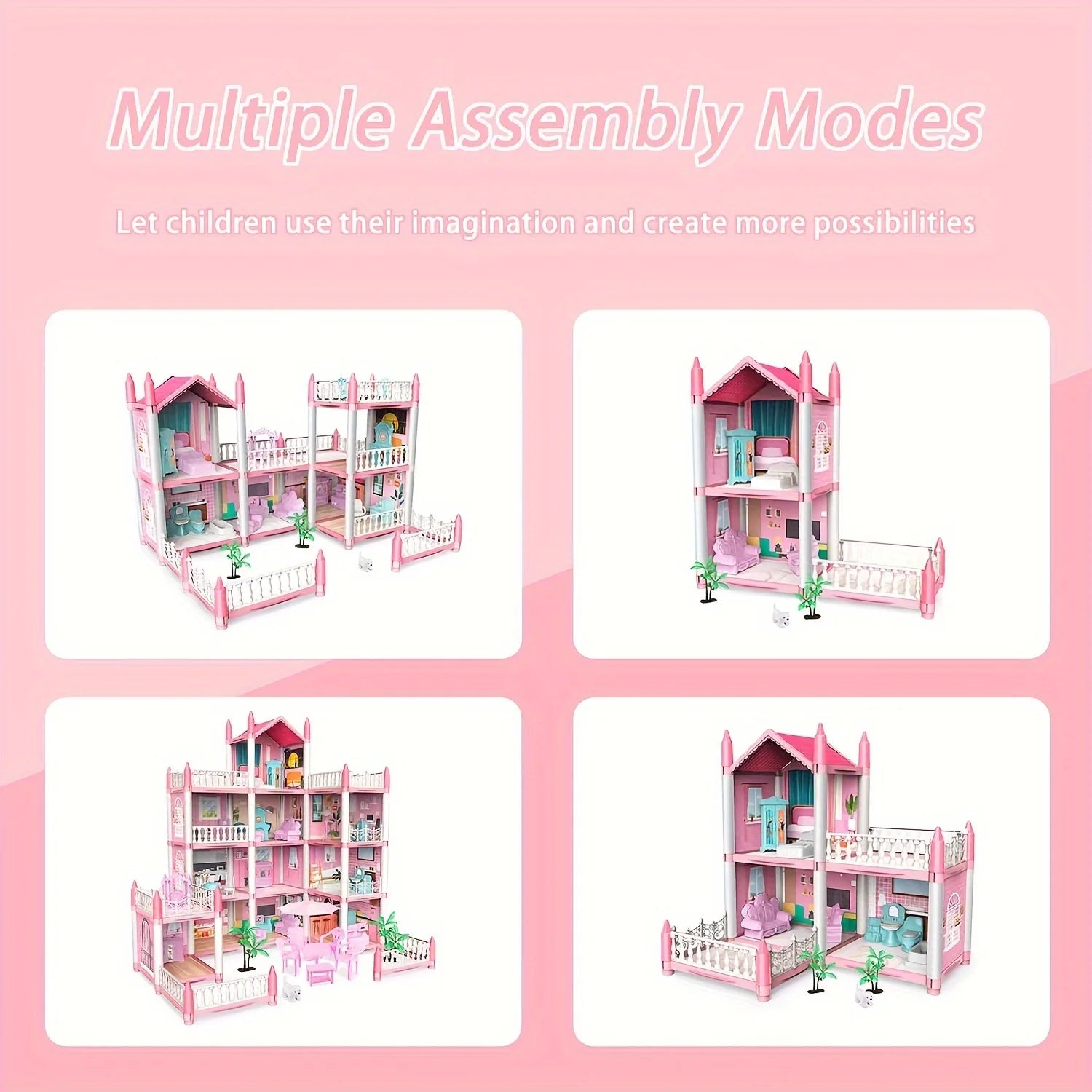 Large multi-story luxury dollhouse playset with family, rooms, and accessories