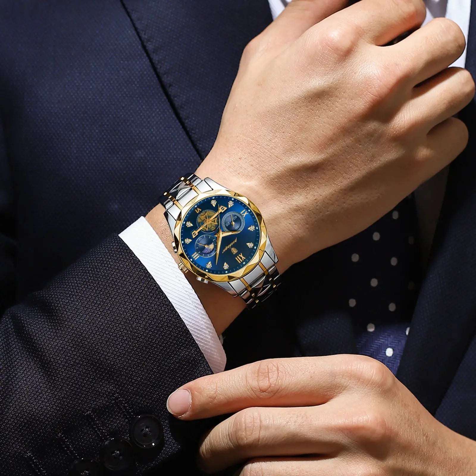 Pagani Design men’s blue dial chronograph watch with gold and silver steel bracelet
