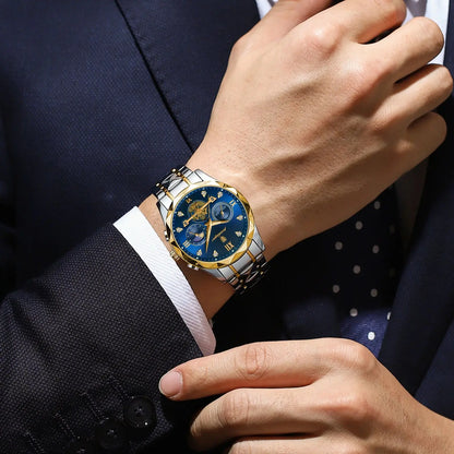 Pagani Design men’s blue dial chronograph watch with gold and silver steel bracelet