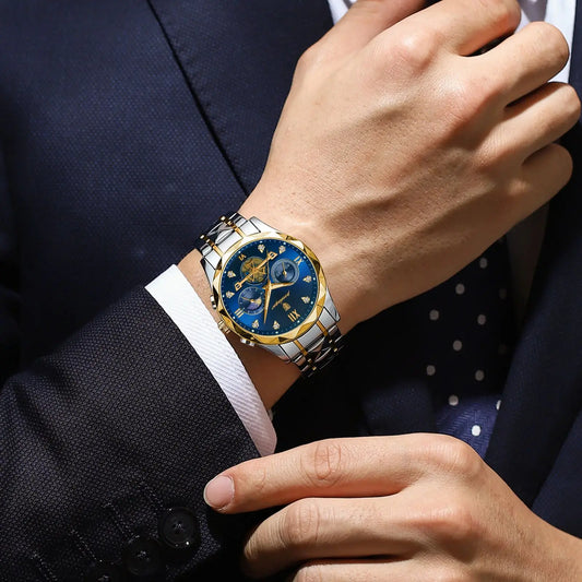 Pagani Design men’s blue dial chronograph watch with gold and silver steel bracelet
