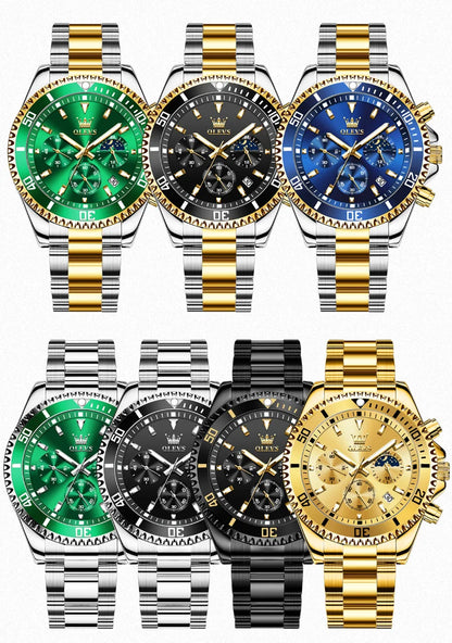 OLEVS chronograph dive watch collection in gold, silver, black, green, and blue with mixed steel bracelets