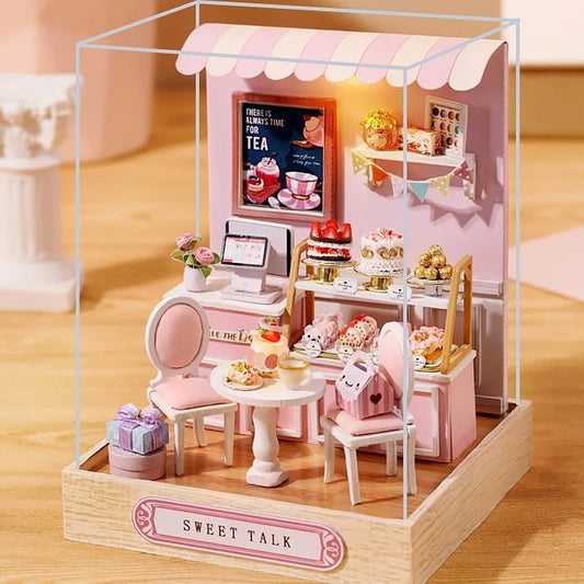 DIY wooden miniature dollhouse craft kit with furniture and lights