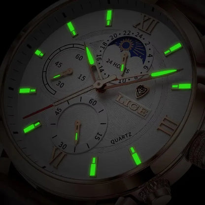 “LIGE rose gold chronograph watch, white dial, brown leather strap, moonphase subdial, formal men’s style
