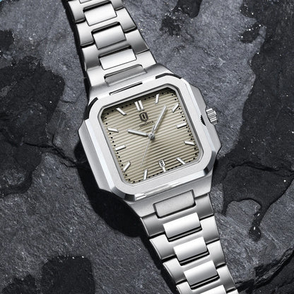Modern men’s square stainless steel watch with textured dial and link bracelet