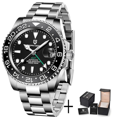 Pagani Design Pepsi GMT automatic men’s watch, red-blue bezel, black dial, Jubilee steel bracelet