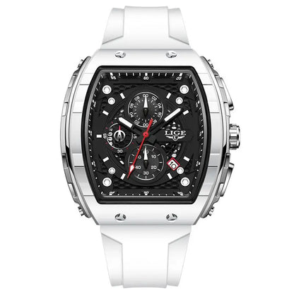 LIGE tonneau sport luxury men’s chronograph watch with black dial, gold accents, silicone strap”