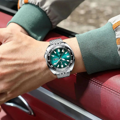 Pagani Design green diver watch with stainless steel bracelet and luminous markers