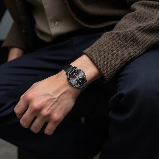 Cheetah black mesh waterproof chronograph watch with blue dial and luminous markers