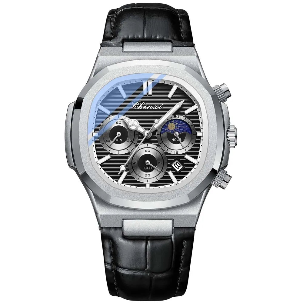 Ekonai blue chronograph watch, silver stainless steel bracelet, textured blue dial, multi-subdials