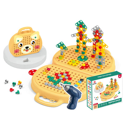Bear design kids’ STEM drill set with colorful building pieces and case