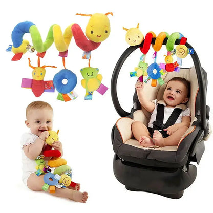Plush spiral infant car seat toy with colorful animal rattles and textures