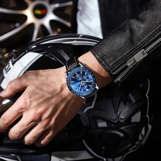 Biden blue racing chronograph watch, leather strap, sunburst dial, subdials, stainless steel case