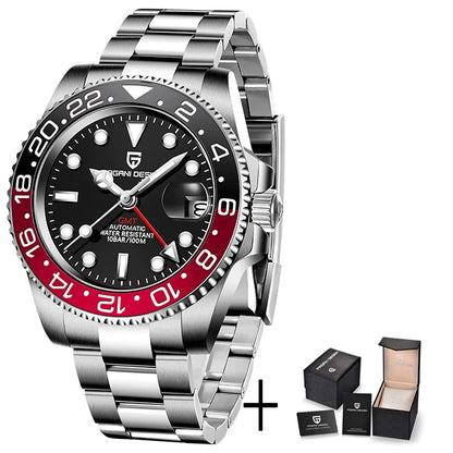 Pagani Design Pepsi GMT automatic men’s watch, red-blue bezel, black dial, Jubilee steel bracelet