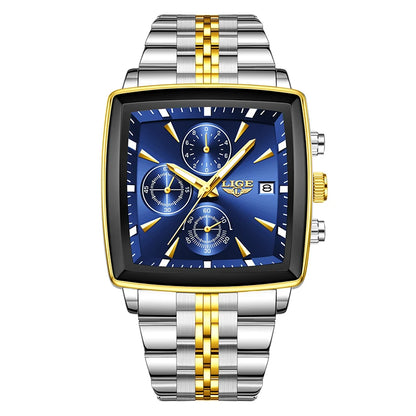 Luxury men’s square chronograph watch with black dial, gold case, and two-tone stainless steel bracelet”