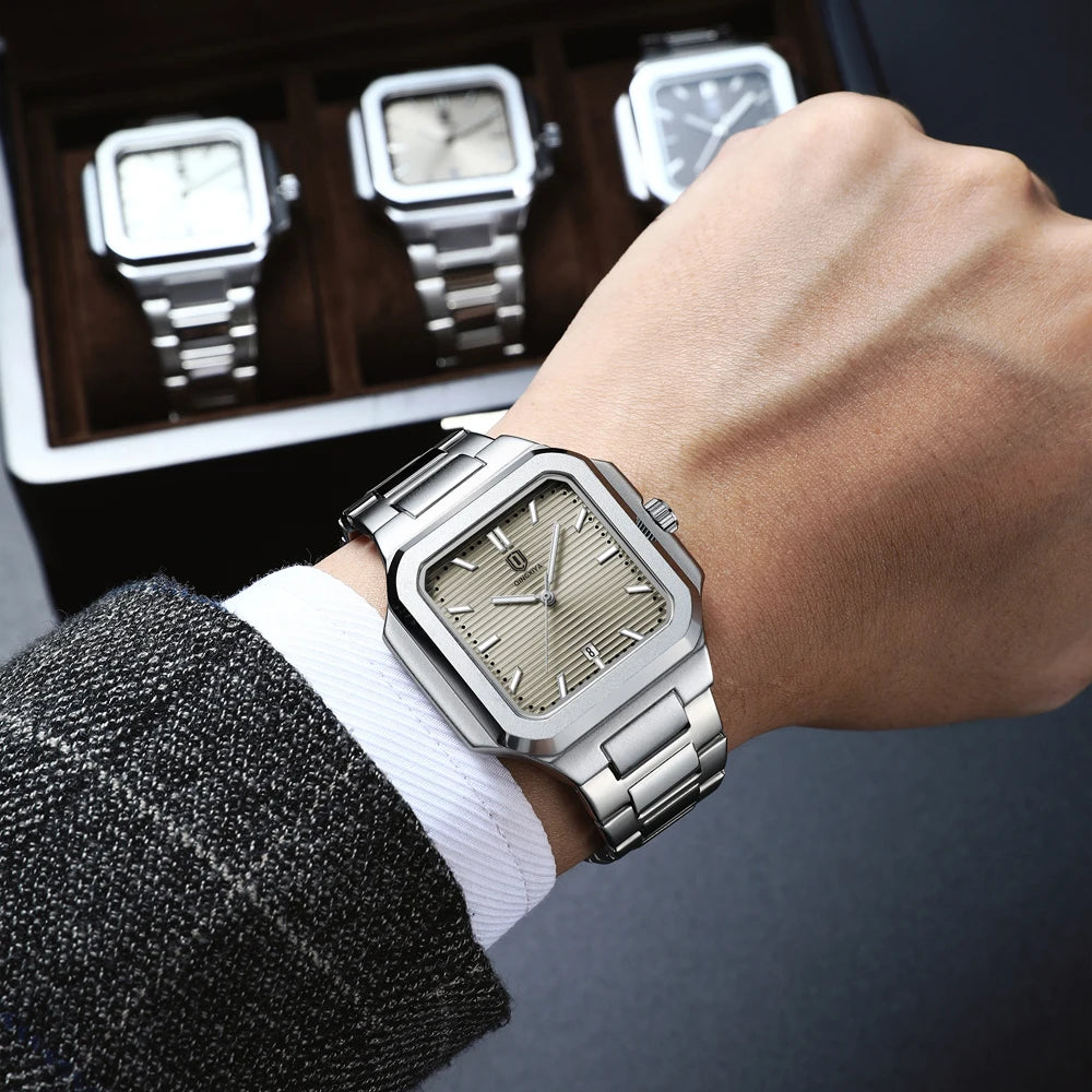 Modern men’s square stainless steel watch with textured dial and link bracelet
