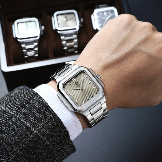 Modern men’s square stainless steel watch with textured dial and link bracelet
