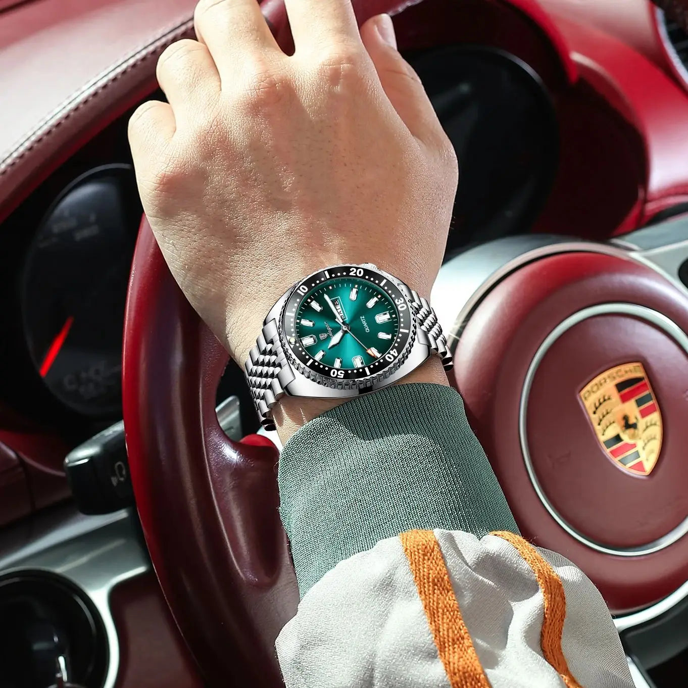 Pagani Design green diver watch with stainless steel bracelet and luminous markers