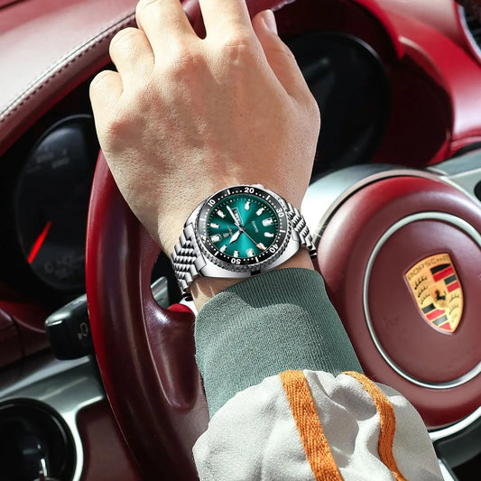 Pagani Design green diver watch with stainless steel bracelet and luminous markers