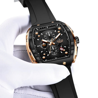 LIGE tonneau sport luxury men’s chronograph watch with black dial, gold accents, silicone strap”