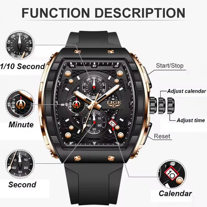 LIGE tonneau sport luxury men’s chronograph watch with black dial, gold accents, silicone strap”
