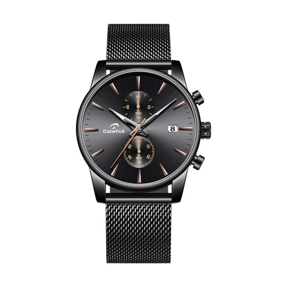 Cheetah black mesh waterproof chronograph watch with blue dial and luminous markers