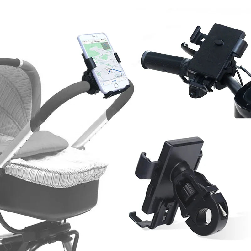 Universal phone holder mount for stroller, bike, and cart handlebars”