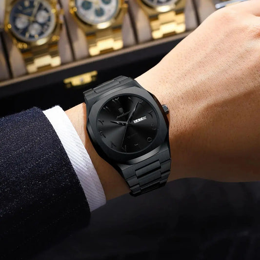 PAGANI DESIGN all-black men’s watch with octagonal case and day date display