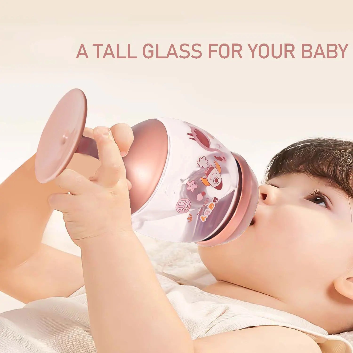 No-spill ergonomic baby cup with tall straw, easy grip, and fun cartoon design