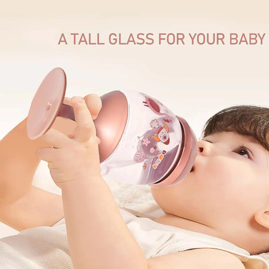 No-spill ergonomic baby cup with tall straw, easy grip, and fun cartoon design