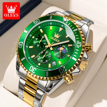 OLEVS chronograph dive watch collection in gold, silver, black, green, and blue with mixed steel bracelets