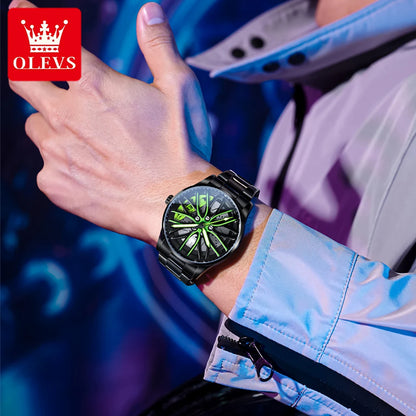 OLEVS men’s green skeleton wheel watch with black stainless bracelet and futuristic luminous dial”