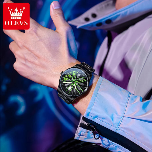 OLEVS men’s green skeleton wheel watch with black stainless bracelet and futuristic luminous dial”