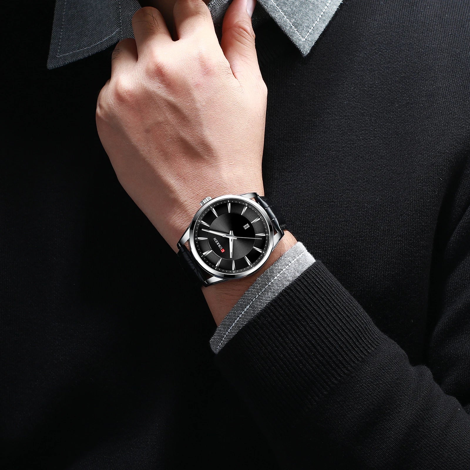 Curren classic black dial men’s watch with silver stainless case and leather strap